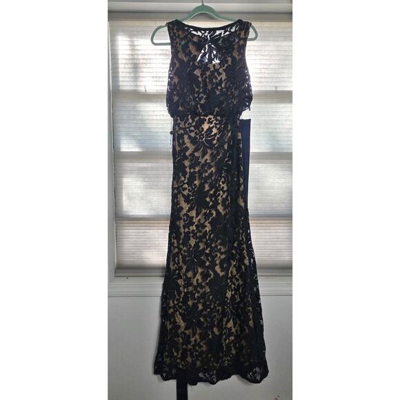 TADASHI SHOJI Embroidered Lace Blouson Gown in Navy Nude Maxi Dress 6 - Picture 2 of 13